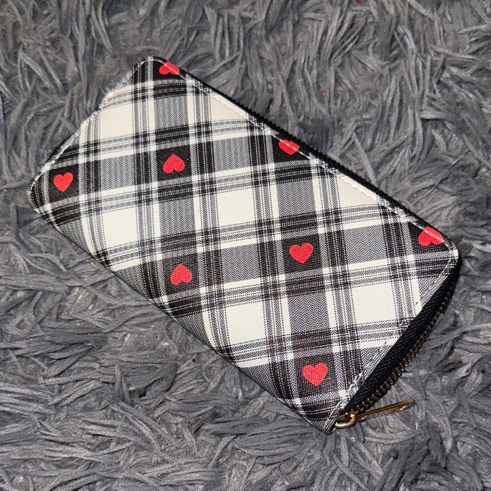 Plaid Wallet with Red Hearts